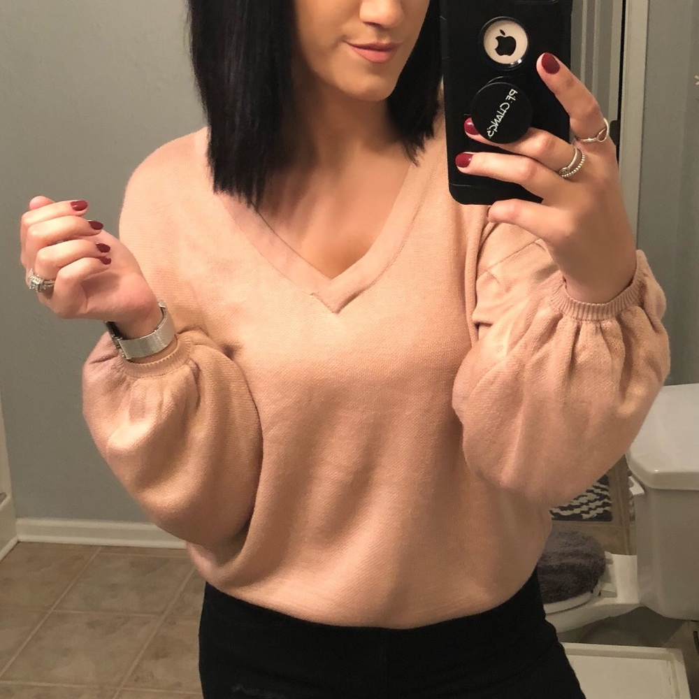 V-Neck Sweater with Balloon Sleeves